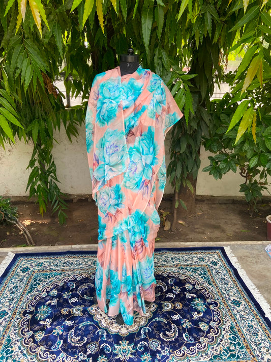 Peach Petal Printed French Chiffon Saree