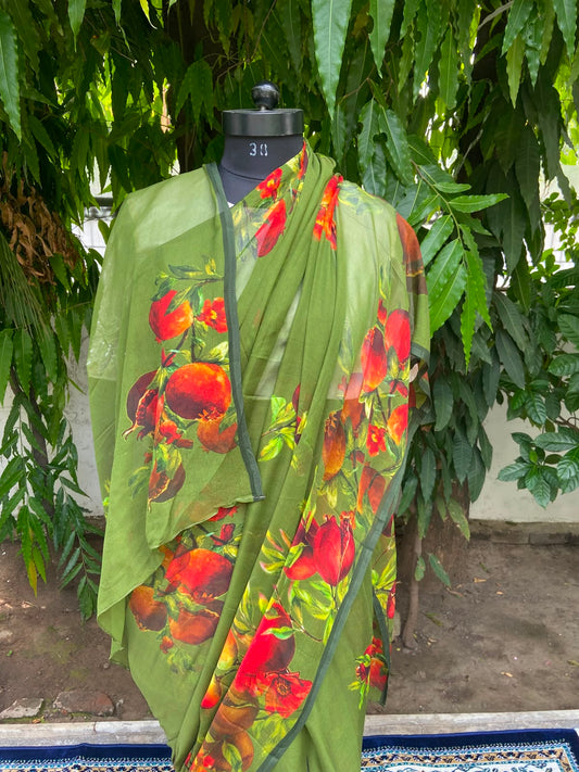 Green Petal Printed French Chiffon Saree