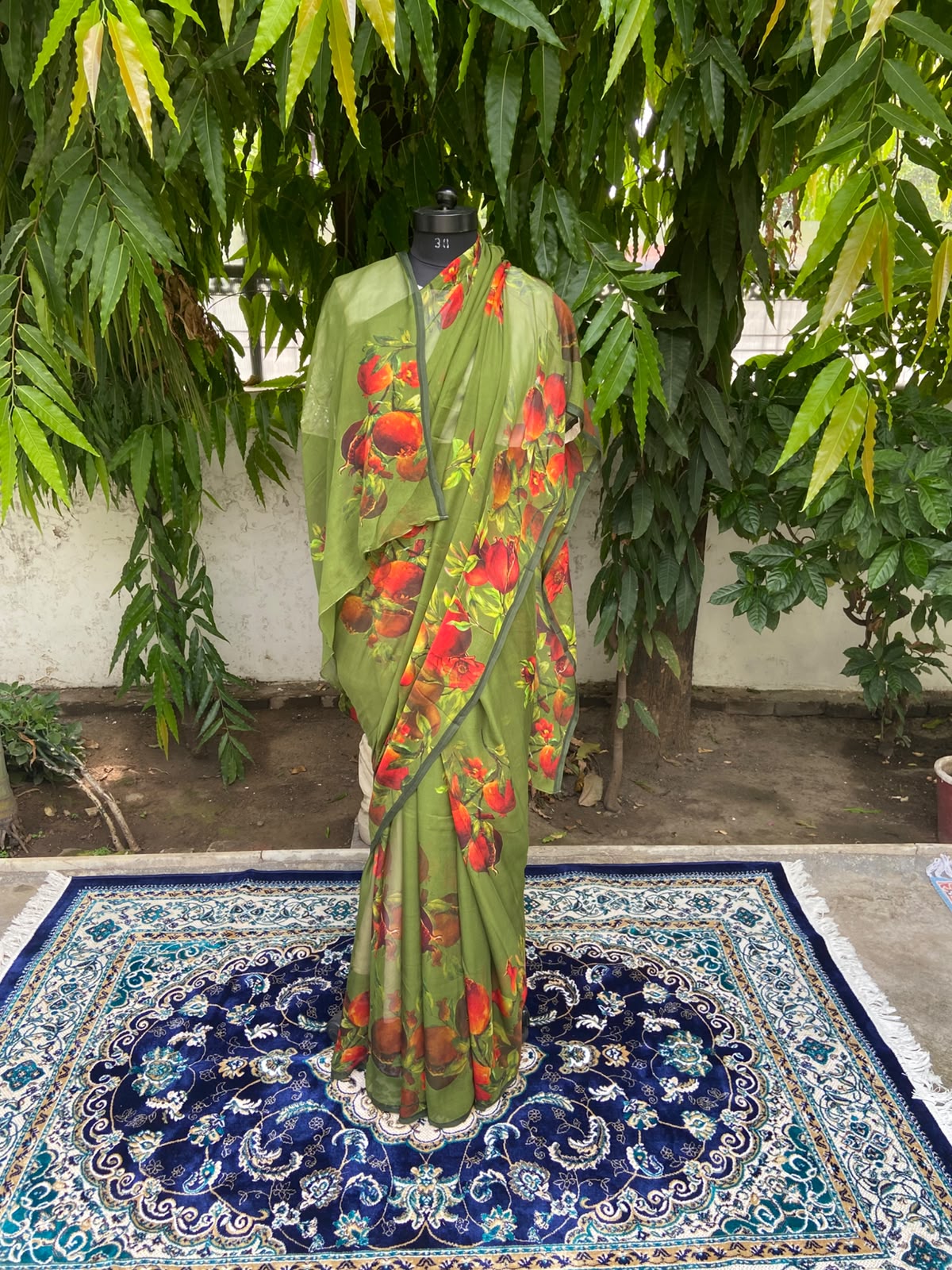 Green Petal Printed French Chiffon Saree