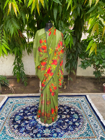 Green Petal Printed French Chiffon Saree