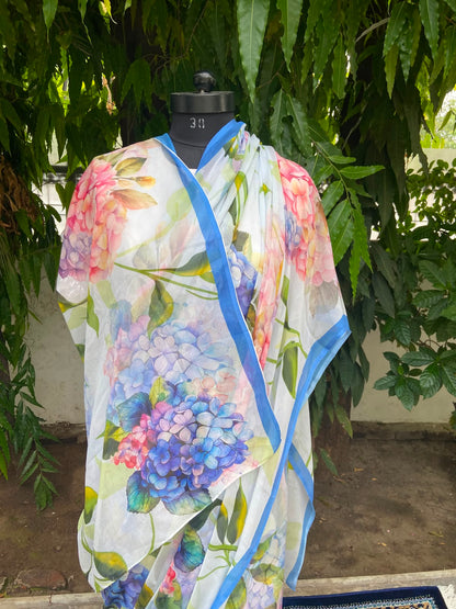 Light Blue Petal Printed French Chiffon Saree