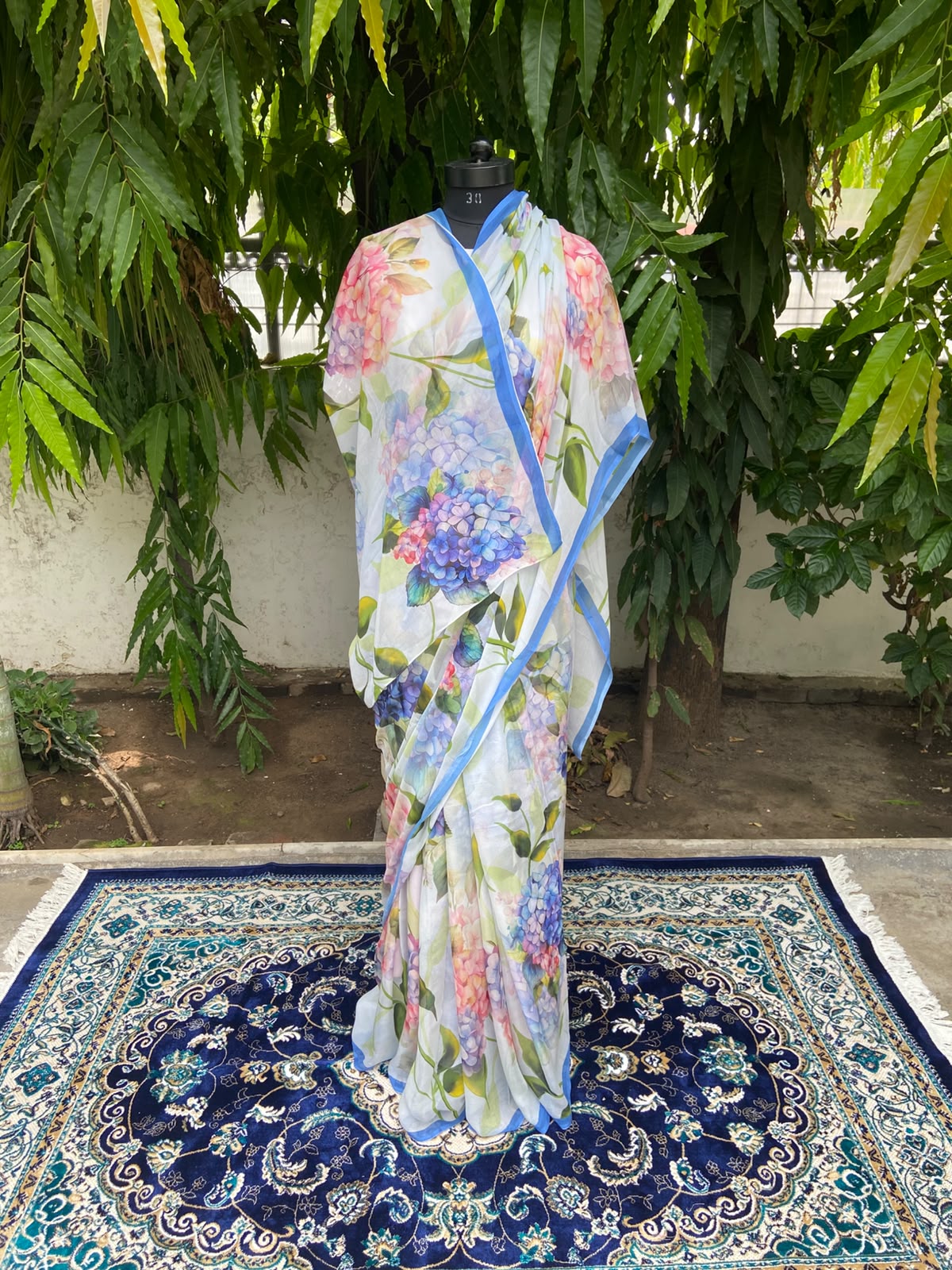 Light Blue Petal Printed French Chiffon Saree