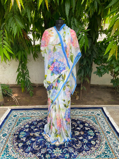 Light Blue Petal Printed French Chiffon Saree