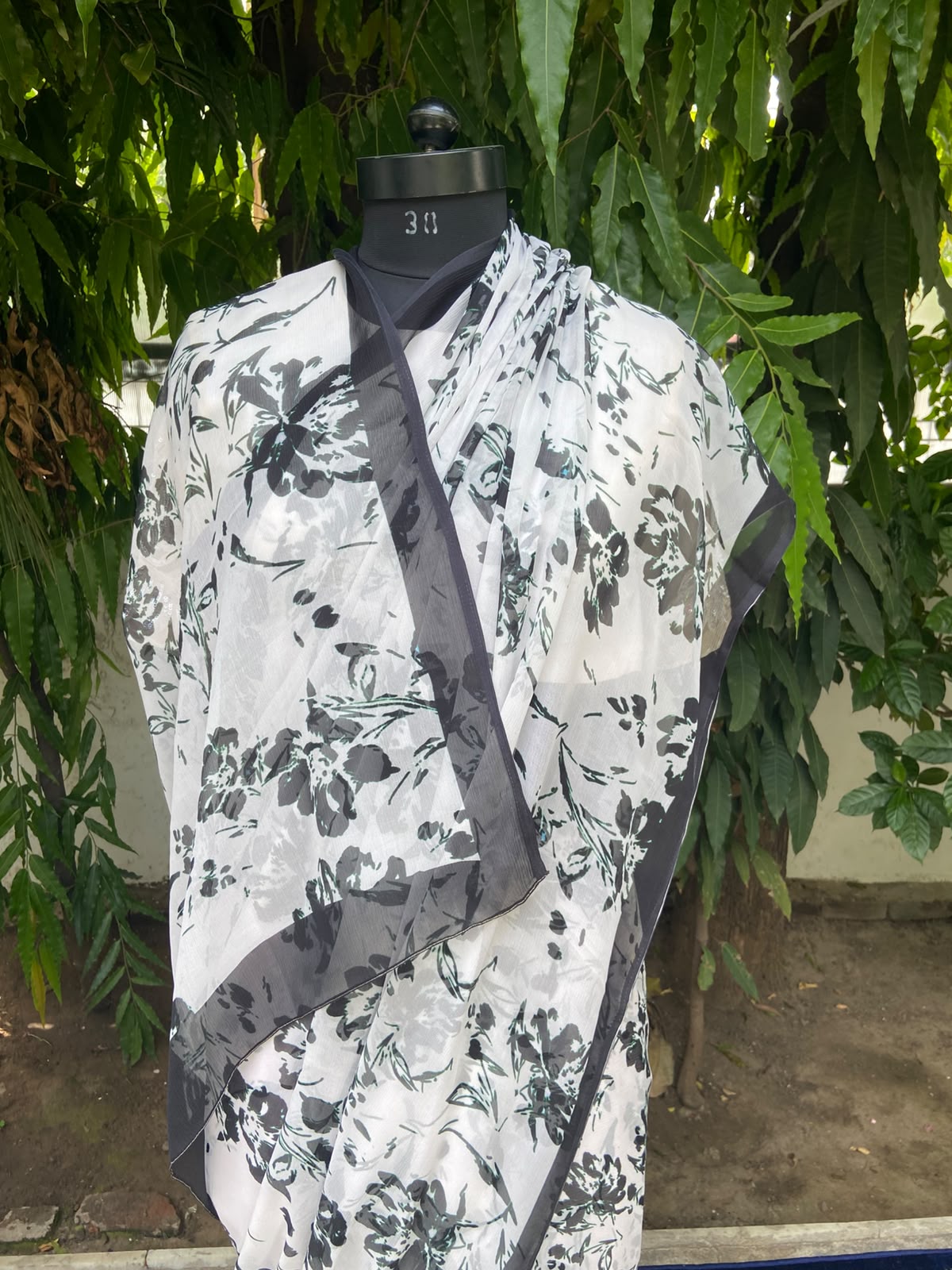 White Petal Printed French Chiffon Saree