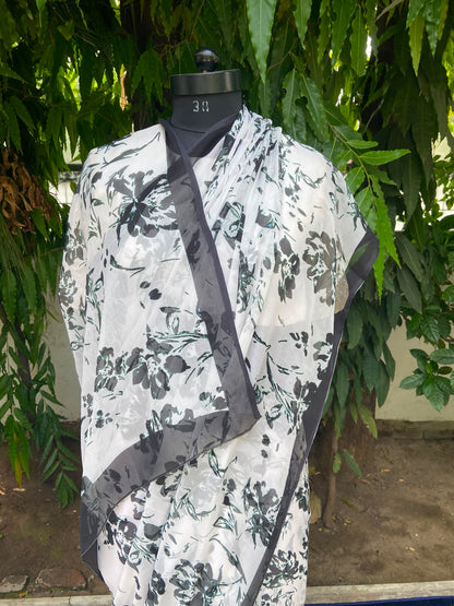 White Petal Printed French Chiffon Saree