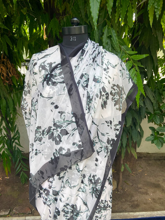 White Petal Printed French Chiffon Saree