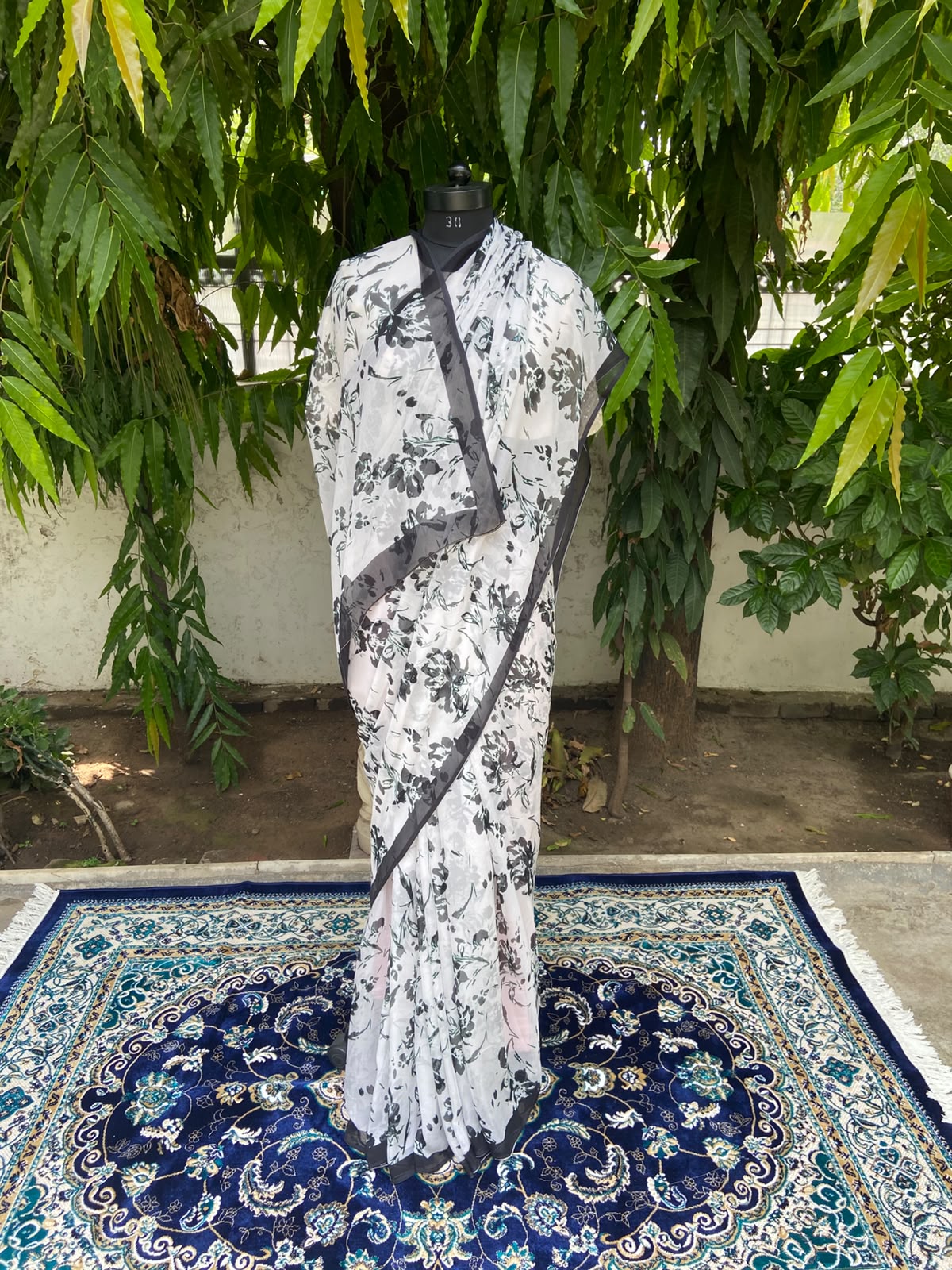 White Petal Printed French Chiffon Saree