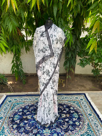 White Petal Printed French Chiffon Saree
