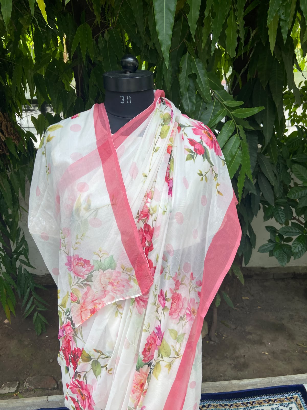 Pink Flower Printed French Chiffon Saree