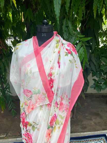 Pink Flower Printed French Chiffon Saree