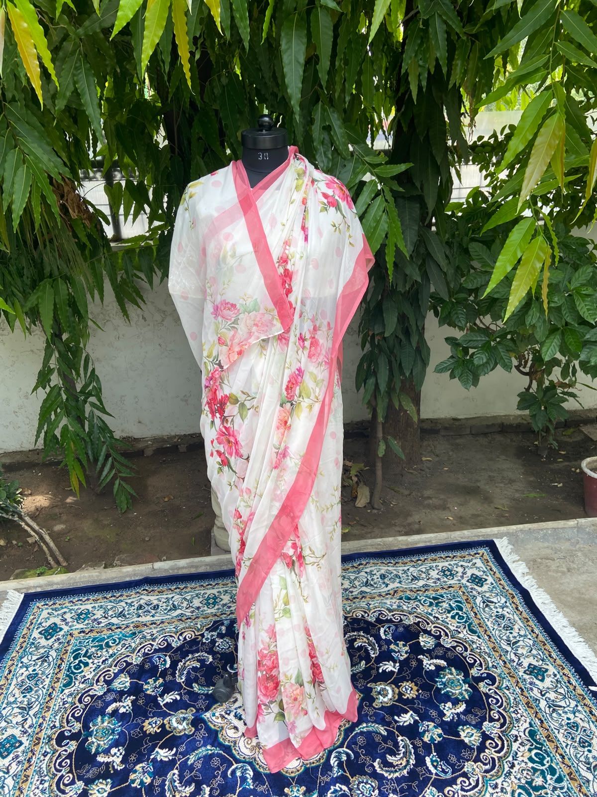 Pink Flower Printed French Chiffon Saree