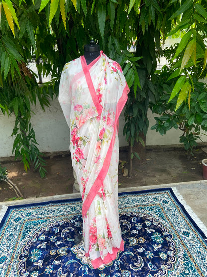 Pink Flower Printed French Chiffon Saree