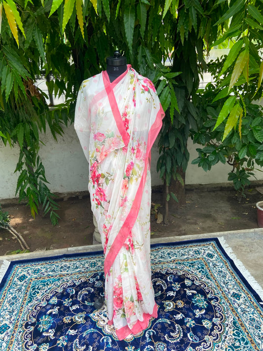Pink Flower Printed French Chiffon Saree