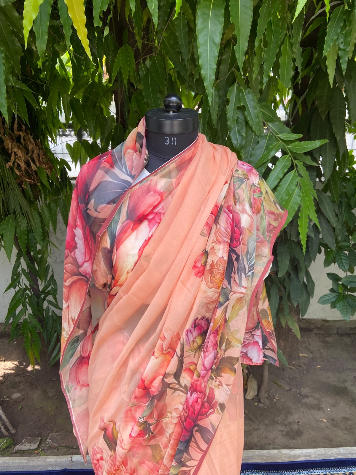 Orange Petal Printed French Chiffon Saree
