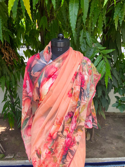 Orange Petal Printed French Chiffon Saree