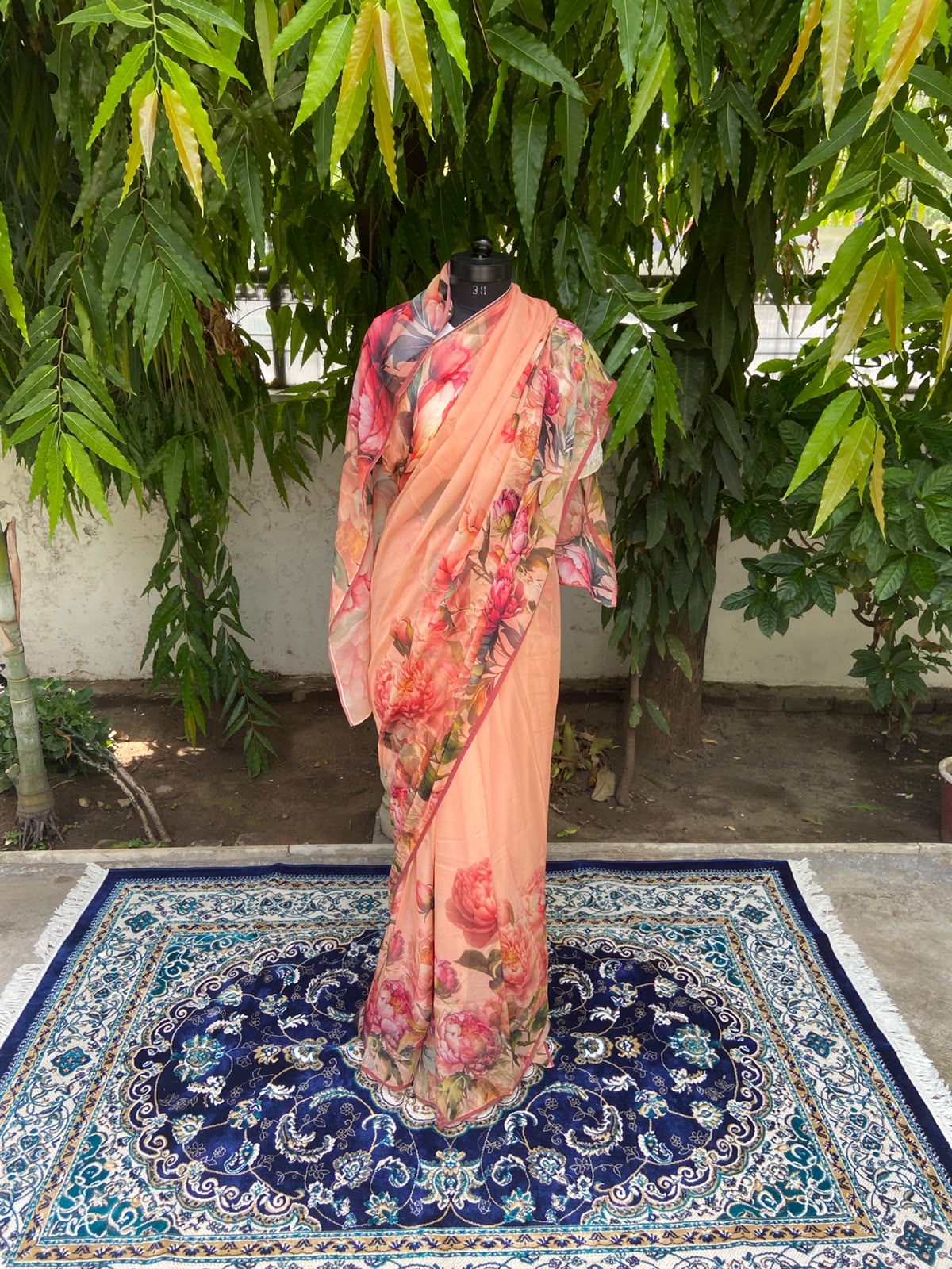 Orange Petal Printed French Chiffon Saree