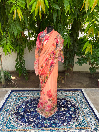 Orange Petal Printed French Chiffon Saree