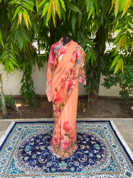 Orange Petal Printed French Chiffon Saree