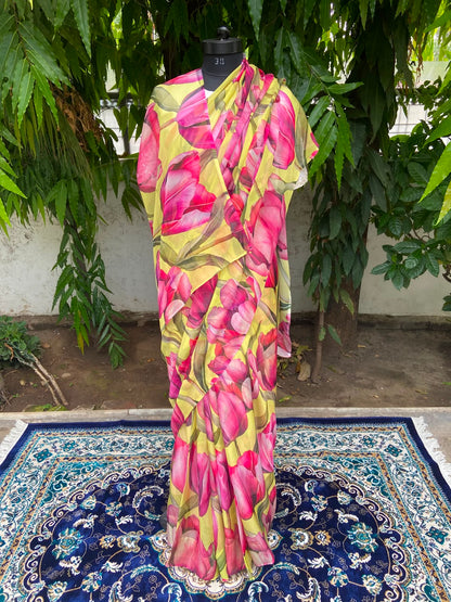 Yellow Petal French Chiffon Saree