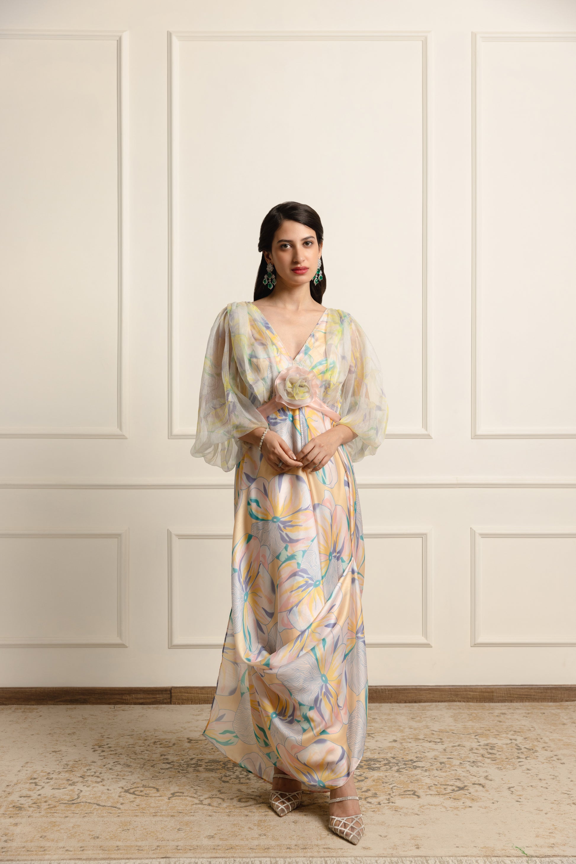 printed satin dress designs Women's Green Floral Print Satin Maxi Dress | Extra Large