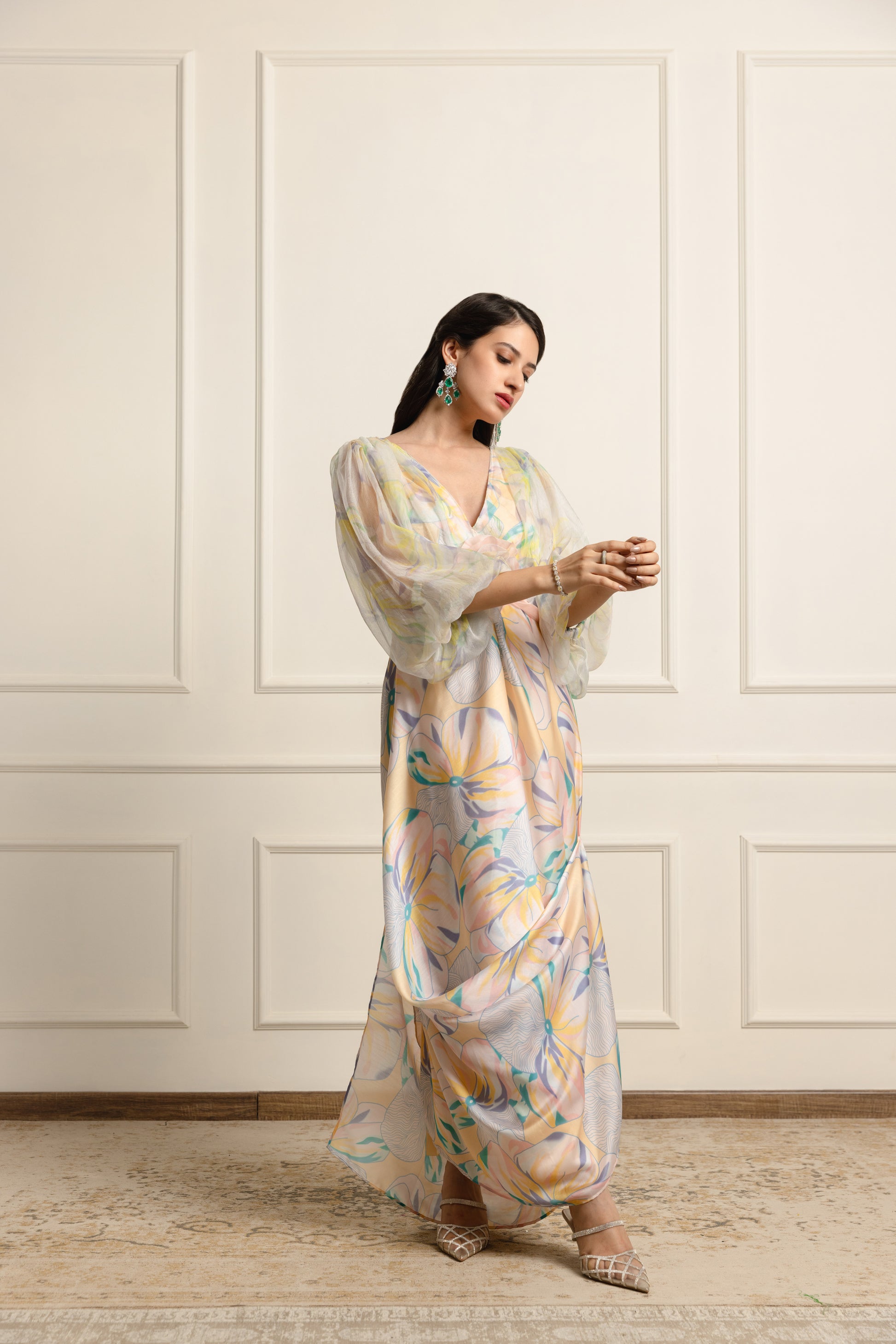 Chloe Printed Satin Dress – Atelier Shikaarbagh - Main Image