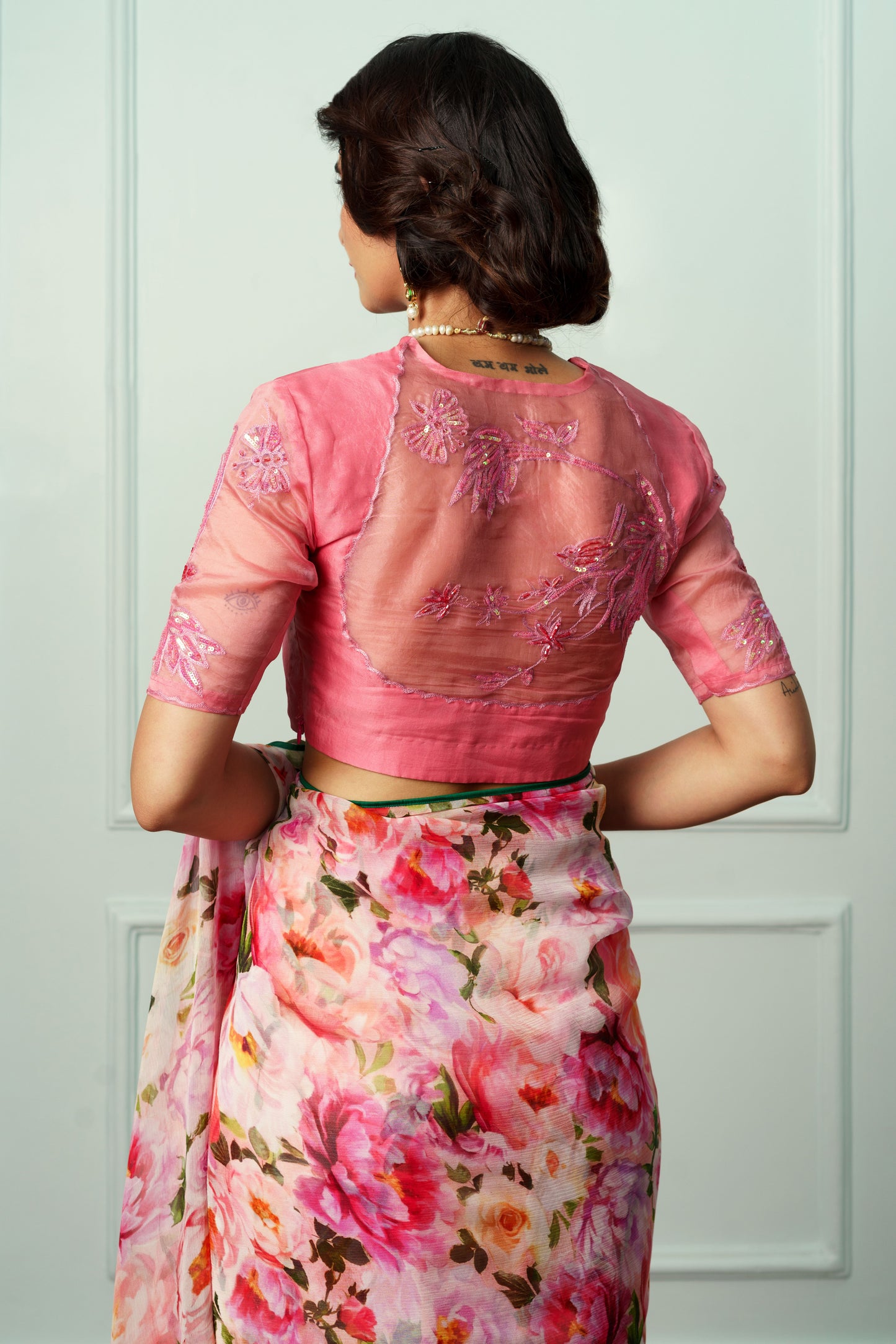 Pink Embroidered Organza Blouse