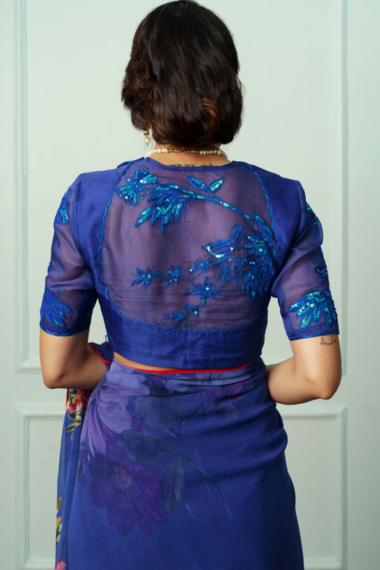 Blue Embroidered Organza Blouse