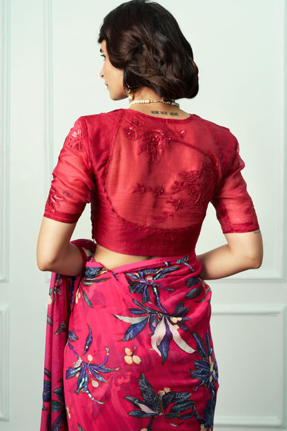 Red Embroidered Organza Blouse