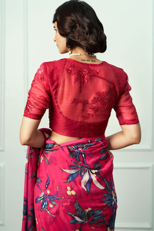 Red Embroidered Organza Blouse