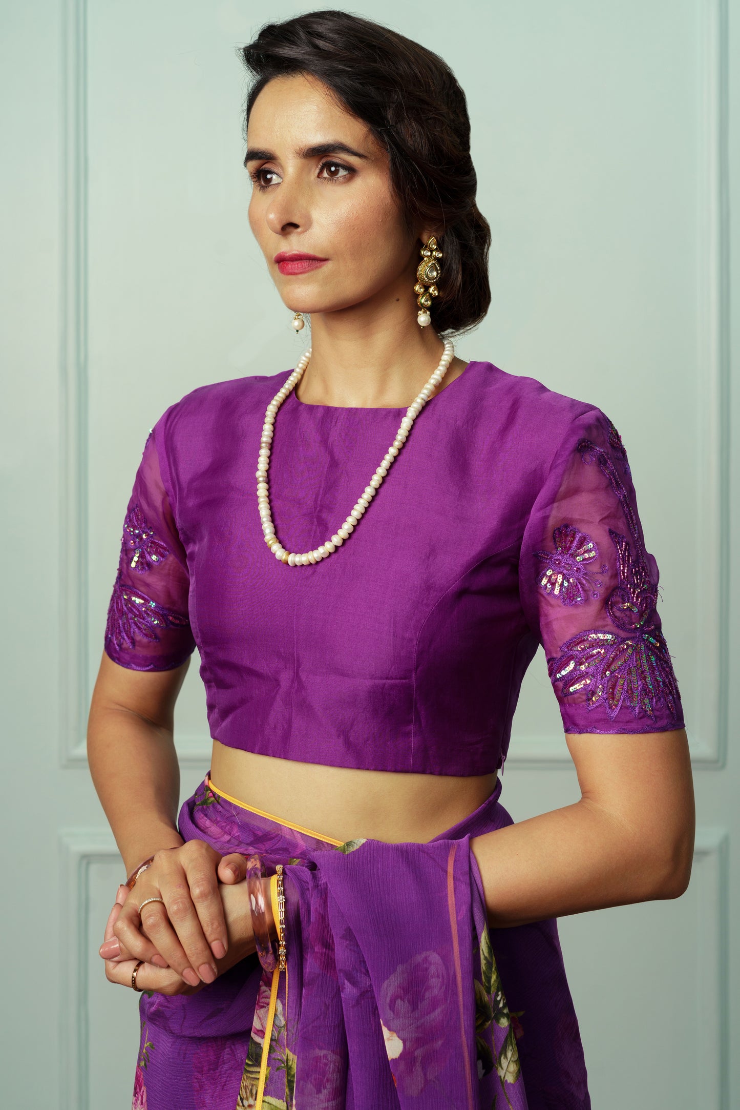 Purple Embroidered Organza Blouse