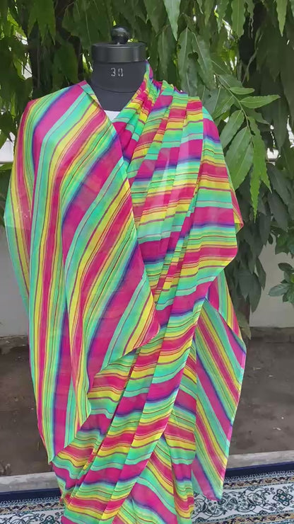 Multicolor Lehariya Chiffon Saree