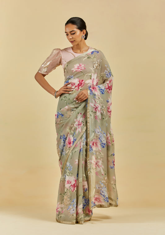 Céline Printed French Chiffon Saree with Hand Embroidered Motif