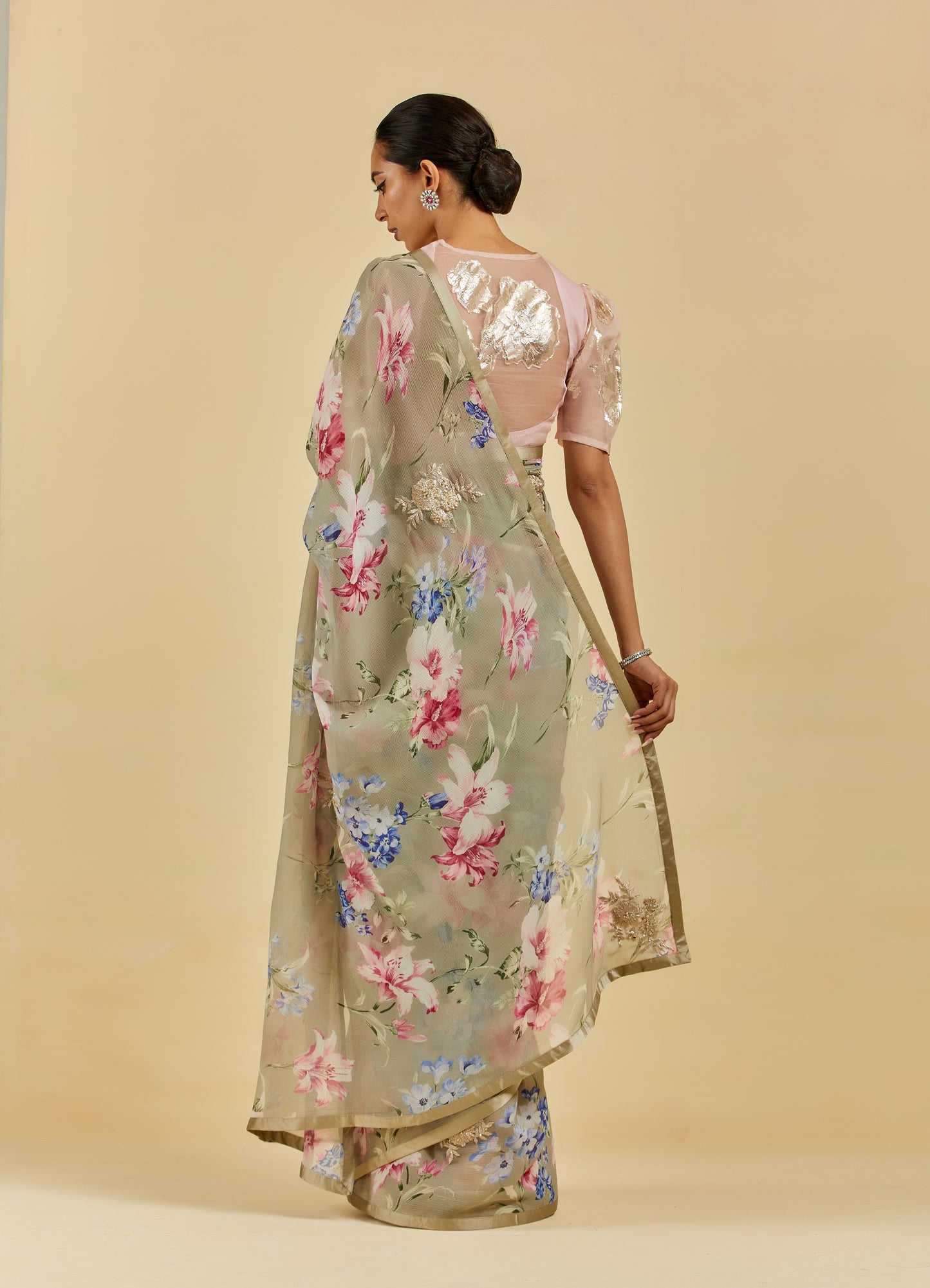 Céline Printed French Chiffon Saree with Hand Embroidered Motif