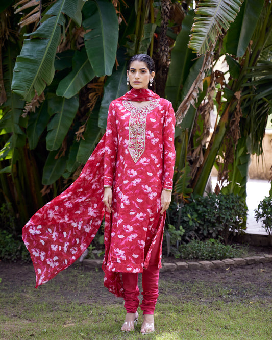 Renuka Red Printed Silk Muslin Kurta Set