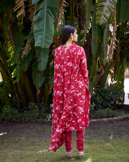 Renuka Red Printed Silk Muslin Kurta Set