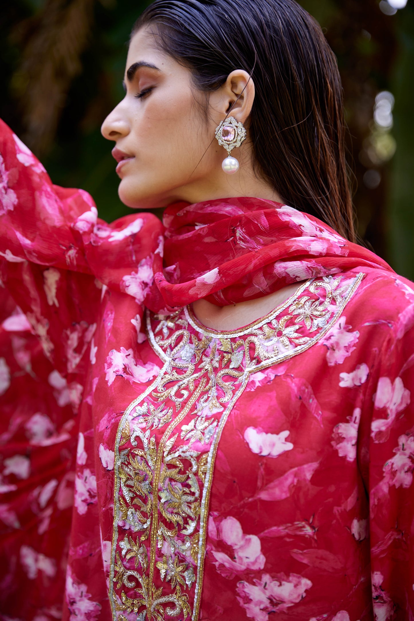 Renuka Red Printed Silk Muslin Kurta Set