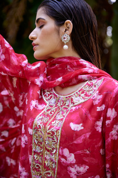 Renuka Red Printed Silk Muslin Kurta Set
