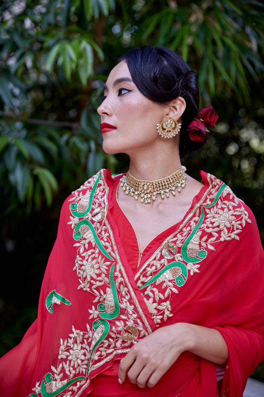 Flaming Red Georgette Le Peroquette Saree