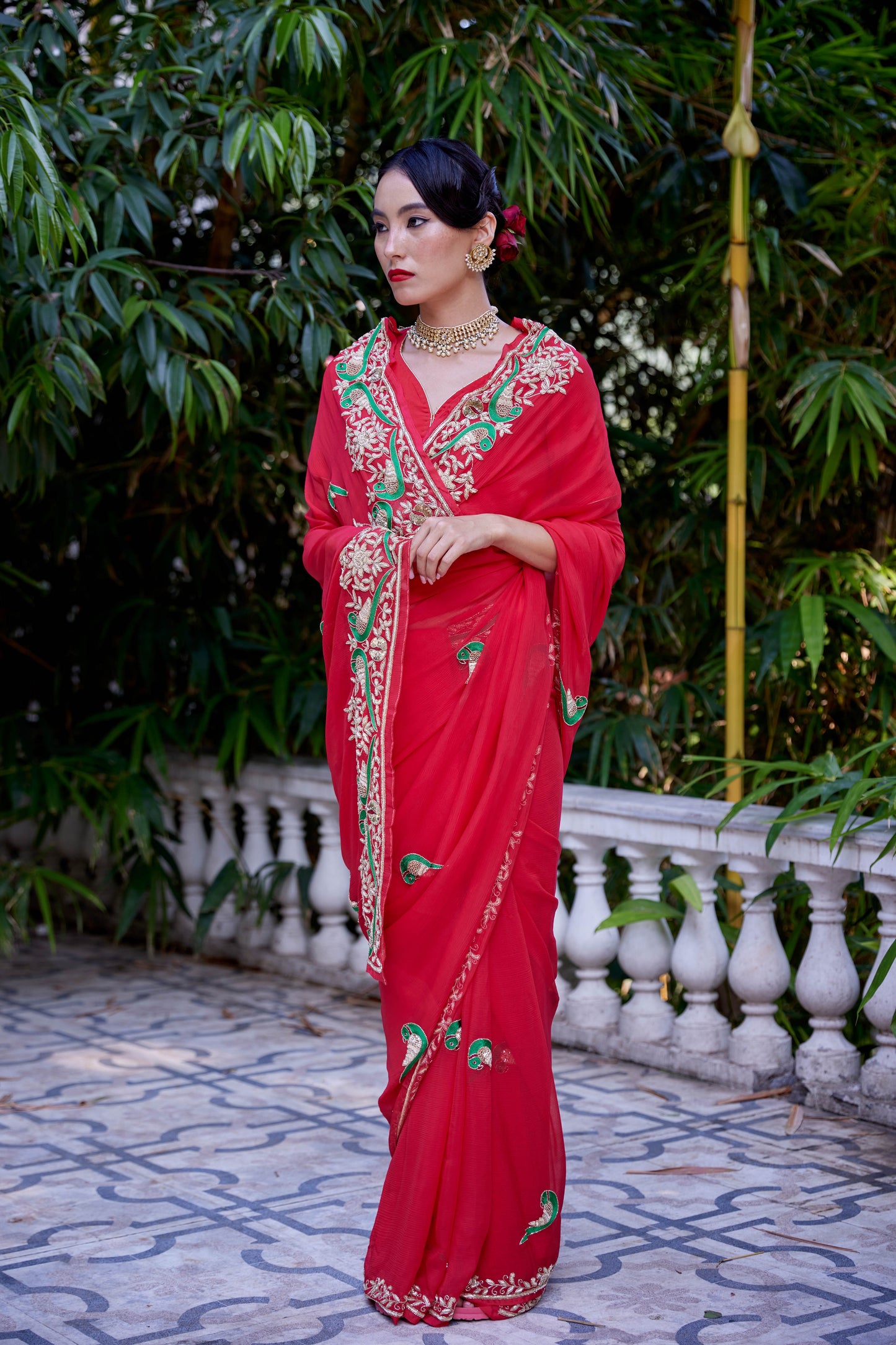 Flaming Red Georgette Le Peroquette Saree