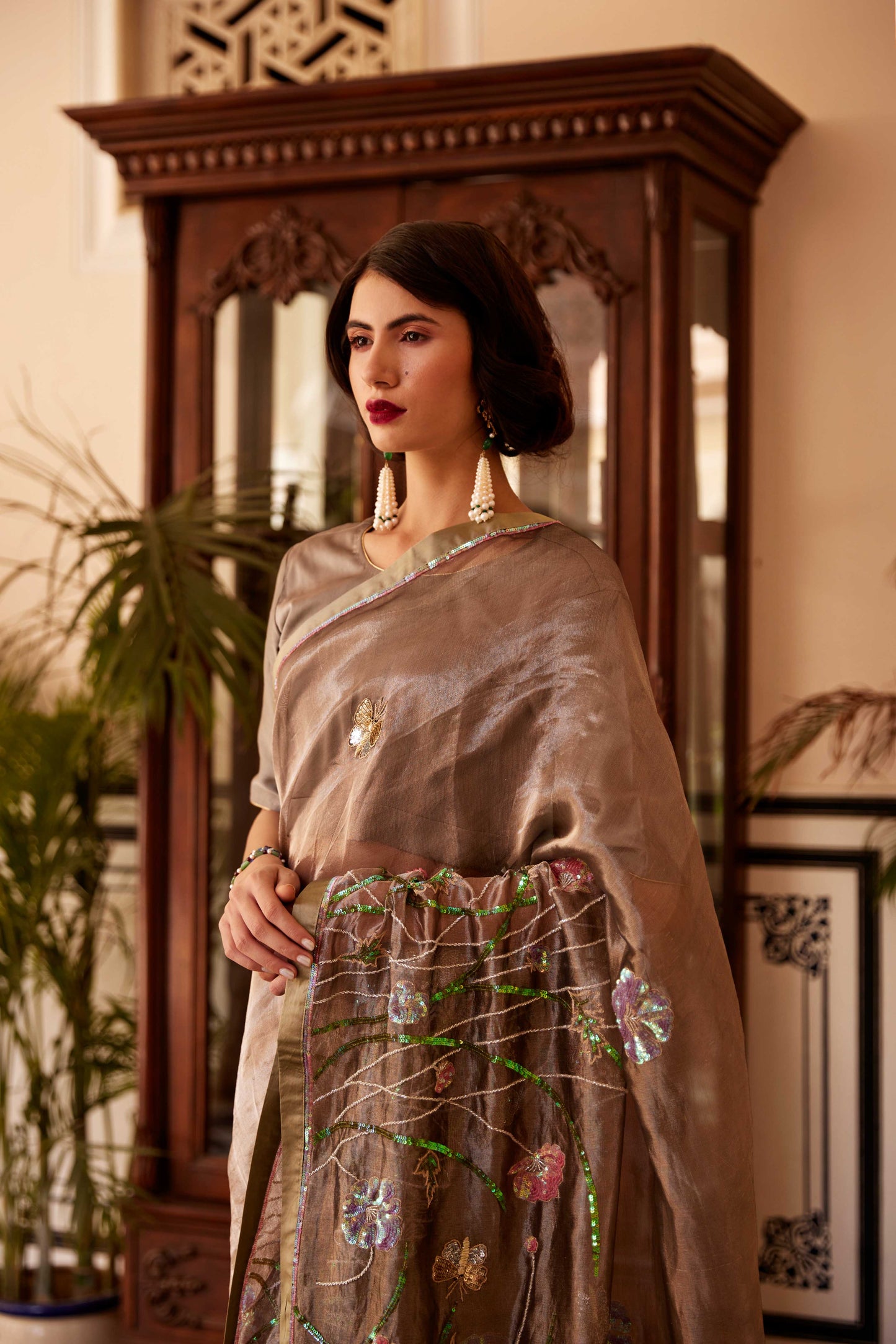 Smoke Grey Dhumrita Tissue Saree