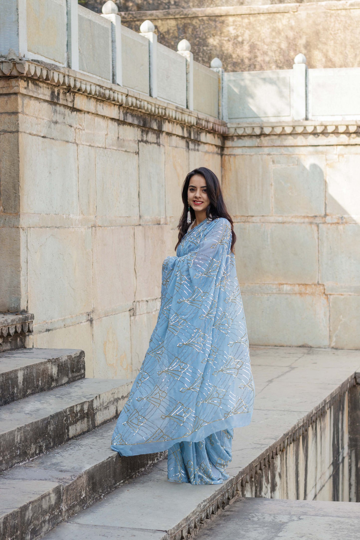 Ash Blue Meera Chiffon Saree