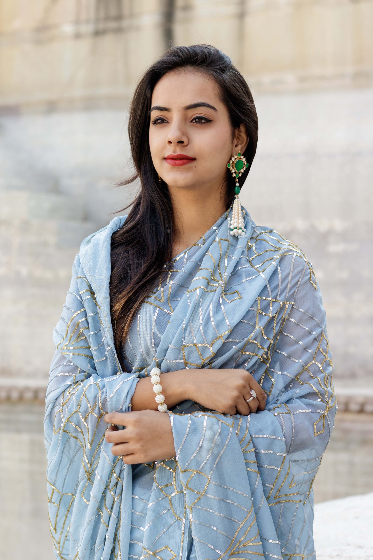 Ash Blue Meera Chiffon Saree